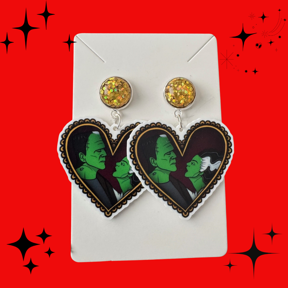 Tattoo Couple Frankenstein and The Bride Heart Earrings