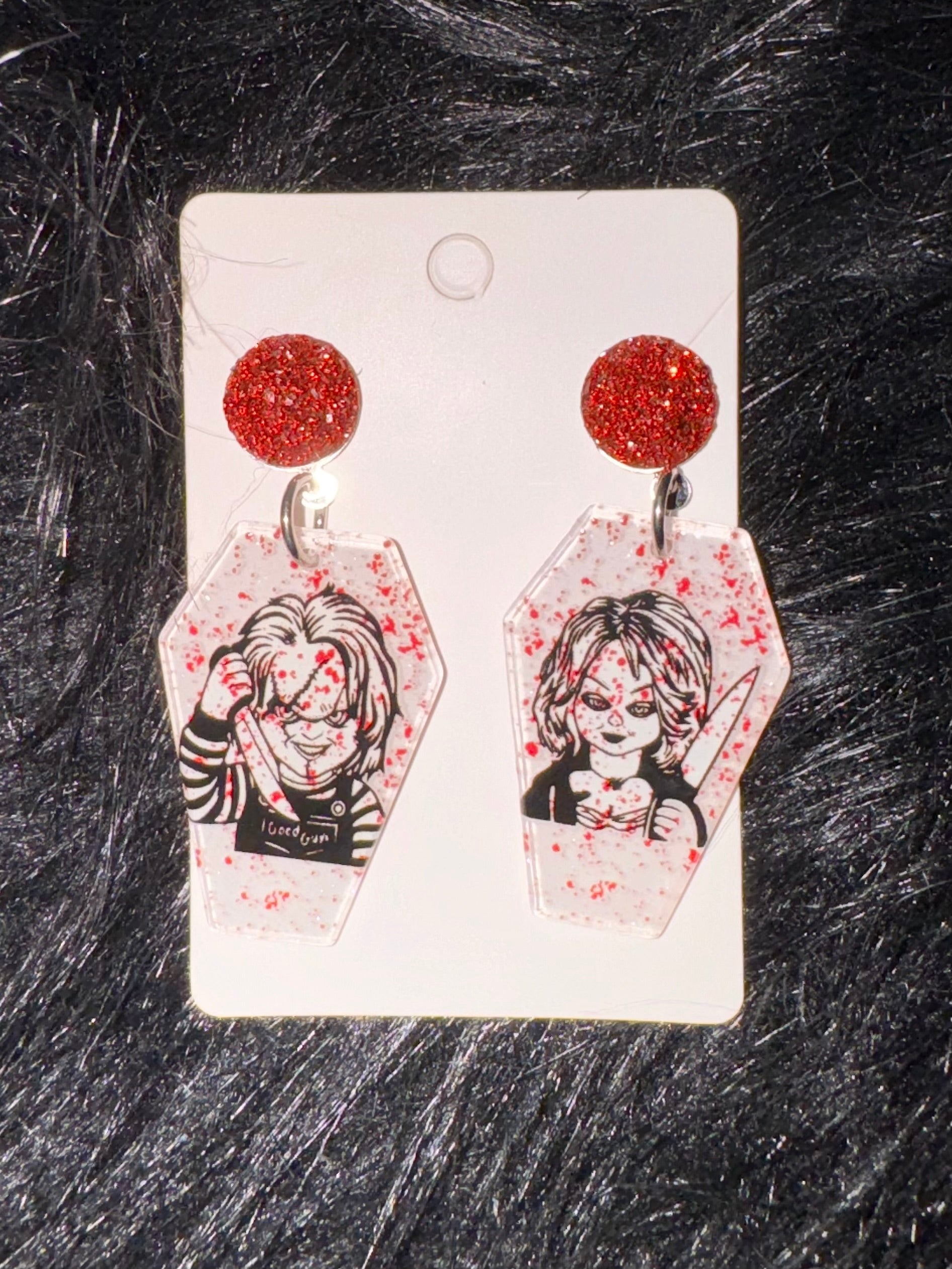Chucky and Tiffany Blood Splatter Coffin Earrings