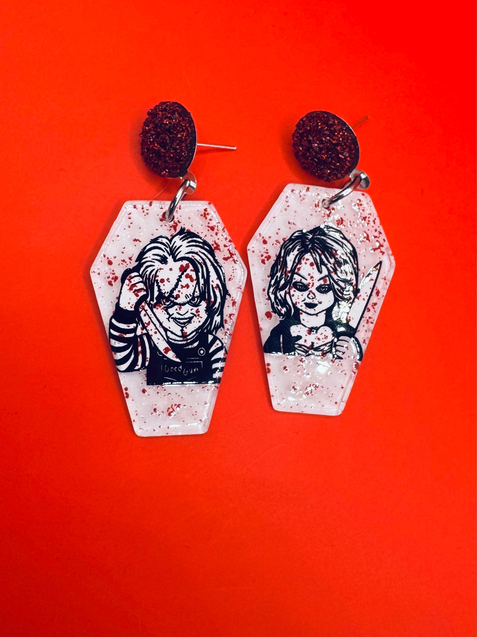 Chucky and Tiffany Blood Splatter Coffin Earrings