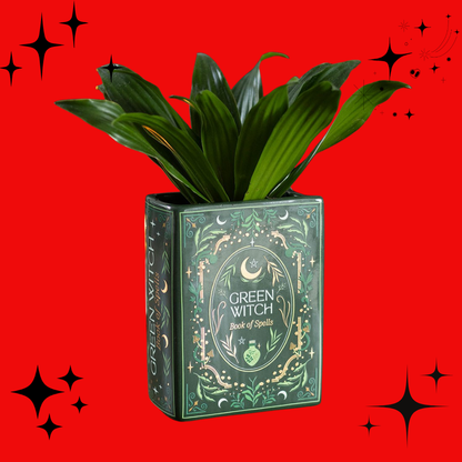 Green Witch Book Shaped Vase