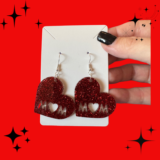Red Mom Heart Acrylic Earrings