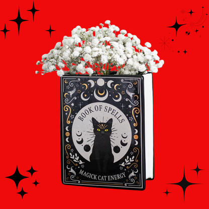 Black Cat Magick Book Shaped Flower Vase