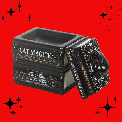 Black Cat Book Stack Oil Burner with Cat