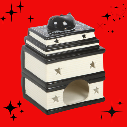 Black Cat Book Stack Oil Burner with Cat