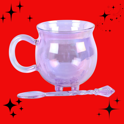 Purple Double Walled Glass Cauldron Mug with Spoon