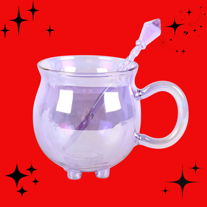 Purple Double Walled Glass Cauldron Mug with Spoon