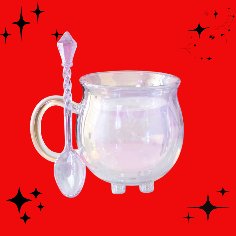 Purple Double Walled Glass Cauldron Mug with Spoon
