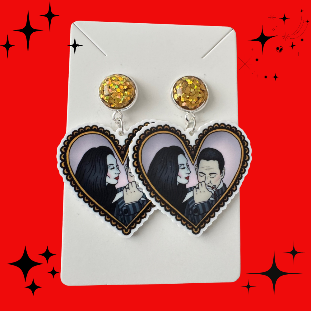 Tattoo Couples Morticia and Gomez Heart Earrings