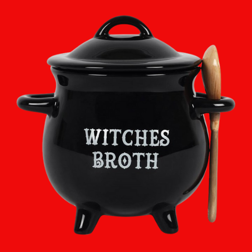 Witches Broth Cauldron Soup Bowl with Broom Spoon